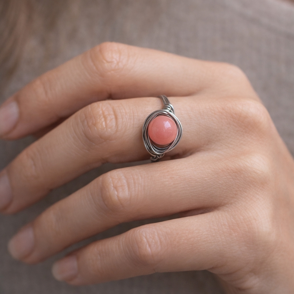 Size 11 Pink Jade Wire Wrapped Ring